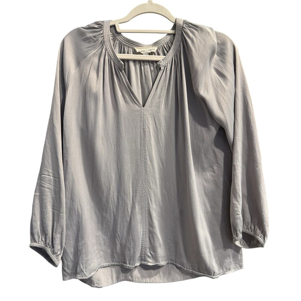 Johnny Was Calme Gray Silk Peasant Blouse Medium Boho Luxe Top Athleisure Staple